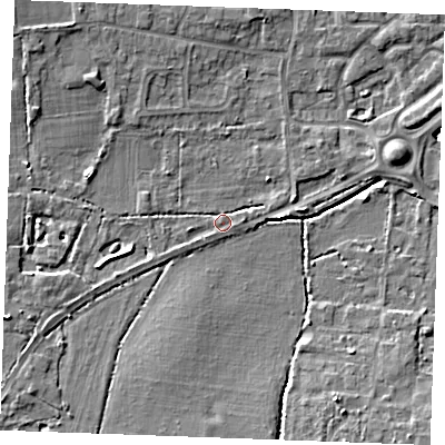 Shaded relief map of the ground around SS120PZ, computed from Environment Agency LiDAR. The ground here sits at about 10 m above sea level and falls 6 m across the surrounding 800 m. Surface water reaching this point runs off ground lying to the west, 1.2 m higher.