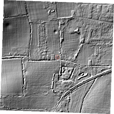 Shaded relief map of the ground around SS120QA, computed from Environment Agency LiDAR. The ground here sits at about 10 m above sea level and falls 10 m across the surrounding 800 m. Surface water reaching this point runs off ground lying to the south-west, 6.0 m higher.
