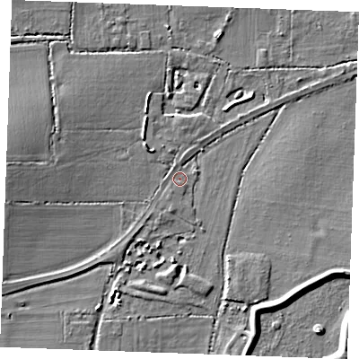 Shaded relief map of the ground around SS120QB, computed from Environment Agency LiDAR. The ground here sits at about 10 m above sea level and falls 7 m across the surrounding 800 m. Surface water reaching this point runs off ground lying to the south-west, 1.6 m higher.