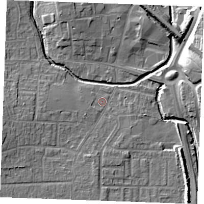 Shaded relief map of the ground around SS120QG, computed from Environment Agency LiDAR. The ground here sits at about 8 m above sea level and falls 14 m across the surrounding 800 m. Surface water reaching this point runs off ground lying to the west-south-west, 5.9 m higher.