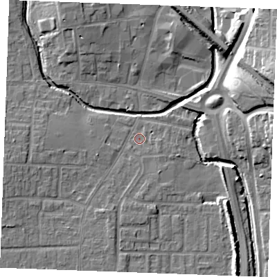 Shaded relief map of the ground around SS120QQ, computed from Environment Agency LiDAR. The ground here sits at about 8 m above sea level and falls 17 m across the surrounding 800 m. Surface water reaching this point runs off ground lying to the south-south-west, 3.3 m higher.