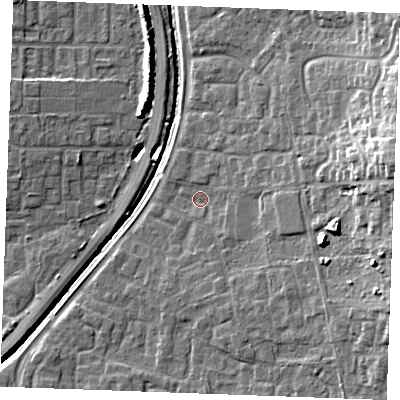 Shaded relief map of the ground around SS129AA, computed from Environment Agency LiDAR. The ground here sits at about 8 m above sea level and falls 19 m across the surrounding 800 m. Surface water reaching this point runs off ground lying to the east, 14.2 m higher.
