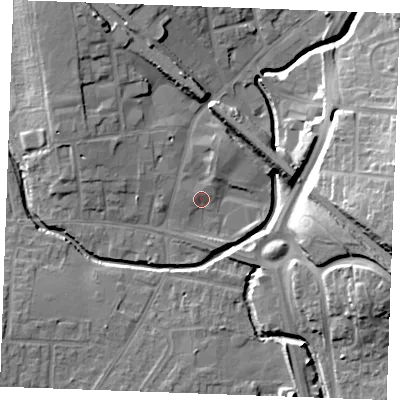 Shaded relief map of the ground around SS129AJ, computed from Environment Agency LiDAR. The ground here sits at about 8 m above sea level and falls 20 m across the surrounding 800 m. Surface water reaching this point runs off ground lying to the north-west, 1.7 m higher.