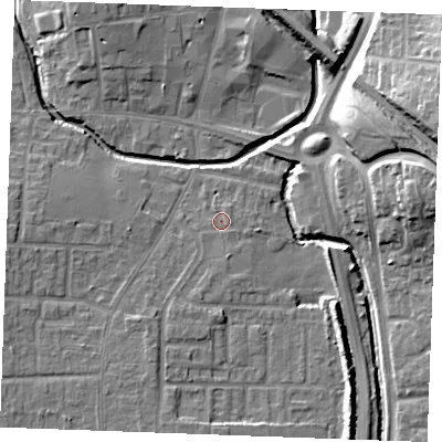 Shaded relief map of the ground around SS129AP, computed from Environment Agency LiDAR. The ground here sits at about 8 m above sea level and falls 19 m across the surrounding 800 m. Surface water reaching this point runs off ground lying to the east-south-east, 0.7 m higher.