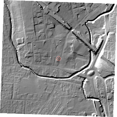 Shaded relief map of the ground around SS129AQ, computed from Environment Agency LiDAR. The ground here sits at about 9 m above sea level and falls 18 m across the surrounding 800 m. Surface water reaching this point runs off ground lying to the north-north-west, 2.2 m higher.
