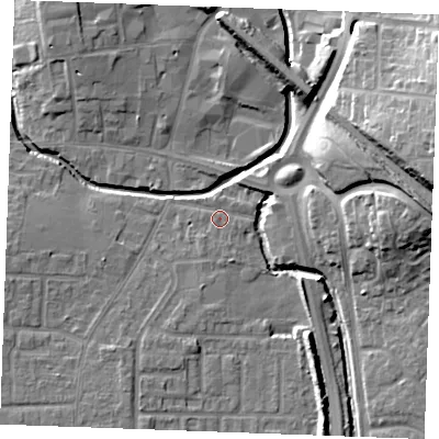 Shaded relief map of the ground around SS129AS, computed from Environment Agency LiDAR. The ground here sits at about 8 m above sea level and falls 20 m across the surrounding 800 m. Surface water reaching this point runs off ground lying to the south-south-west, 1.2 m higher.