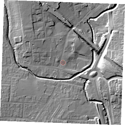 Shaded relief map of the ground around SS129AT, computed from Environment Agency LiDAR. The ground here sits at about 8 m above sea level and falls 19 m across the surrounding 800 m. Surface water reaching this point runs off ground lying to the north-west, 4.9 m higher.