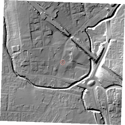 Shaded relief map of the ground around SS129AY, computed from Environment Agency LiDAR. The ground here sits at about 9 m above sea level and falls 19 m across the surrounding 800 m. Surface water reaching this point runs off ground lying to the north, 1.3 m higher.