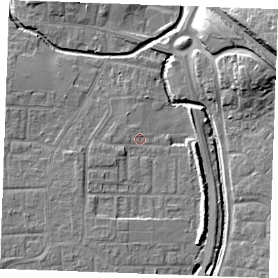 Shaded relief map of the ground around SS129BP, computed from Environment Agency LiDAR. The ground here sits at about 8 m above sea level and falls 20 m across the surrounding 800 m. Surface water reaching this point runs off ground lying to the west-south-west, 1.9 m higher.