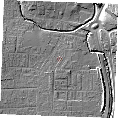 Shaded relief map of the ground around SS129BS, computed from Environment Agency LiDAR. The ground here sits at about 8 m above sea level and falls 16 m across the surrounding 800 m. Surface water reaching this point runs off ground lying to the south-south-west, 2.2 m higher.