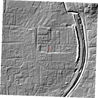Shaded relief map of the ground around SS129BT, computed from Environment Agency LiDAR. The ground here sits at about 9 m above sea level and falls 15 m across the surrounding 800 m. Surface water reaching this point runs off ground lying to the south-south-west, 2.1 m higher.