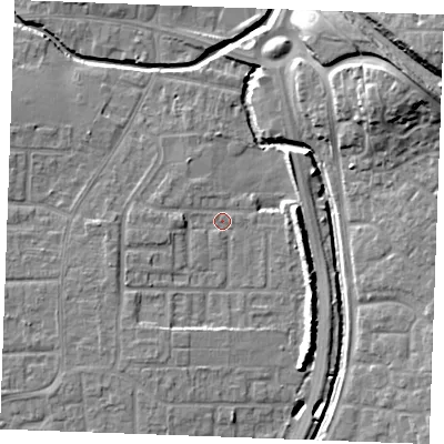 Shaded relief map of the ground around SS129BU, computed from Environment Agency LiDAR. The ground here sits at about 8 m above sea level and falls 20 m across the surrounding 800 m. Surface water reaching this point runs off ground lying to the south-east, 4.6 m higher.