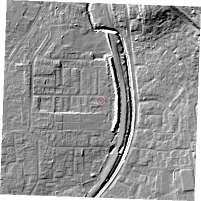 Shaded relief map of the ground around SS129BW, computed from Environment Agency LiDAR. The ground here sits at about 8 m above sea level and falls 17 m across the surrounding 800 m. Surface water reaching this point runs off ground lying to the east-south-east, 7.6 m higher.