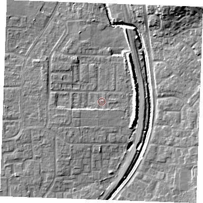 Shaded relief map of the ground around SS129DA, computed from Environment Agency LiDAR. The ground here sits at about 8 m above sea level and falls 16 m across the surrounding 800 m. Surface water reaching this point runs off ground lying to the west-south-west, 3.0 m higher.