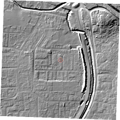 Shaded relief map of the ground around SS129DB, computed from Environment Agency LiDAR. The ground here sits at about 8 m above sea level and falls 20 m across the surrounding 800 m. Surface water reaching this point runs off ground lying to the south-south-west, 3.2 m higher.