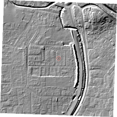 Shaded relief map of the ground around SS129DD, computed from Environment Agency LiDAR. The ground here sits at about 8 m above sea level and falls 20 m across the surrounding 800 m. Surface water reaching this point runs off ground lying to the south-east, 7.6 m higher.
