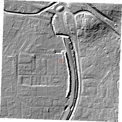 Shaded relief map of the ground around SS129DE, computed from Environment Agency LiDAR. The ground here sits at about 8 m above sea level and falls 20 m across the surrounding 800 m. Surface water reaching this point runs off ground lying to the north-east, 1.1 m higher.