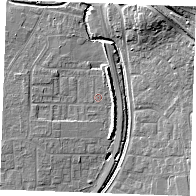 Shaded relief map of the ground around SS129DG, computed from Environment Agency LiDAR. The ground here sits at about 8 m above sea level and falls 19 m across the surrounding 800 m. Surface water reaching this point runs off ground lying to the south-east, 7.6 m higher.
