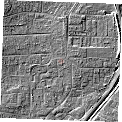 Shaded relief map of the ground around SS129DH, computed from Environment Agency LiDAR. The ground here sits at about 10 m above sea level and falls 10 m across the surrounding 800 m. The ground contributing surface water to this point lies to the south-south-east.