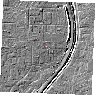 Shaded relief map of the ground around SS129DJ, computed from Environment Agency LiDAR. The ground here sits at about 10 m above sea level and falls 8 m across the surrounding 800 m. Surface water reaching this point runs off ground lying to the west-north-west, 1.3 m higher.