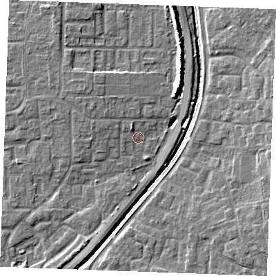 Shaded relief map of the ground around SS129DL, computed from Environment Agency LiDAR. The ground here sits at about 9 m above sea level and falls 8 m across the surrounding 800 m. Surface water reaching this point runs off ground lying to the north-west, 2.0 m higher.