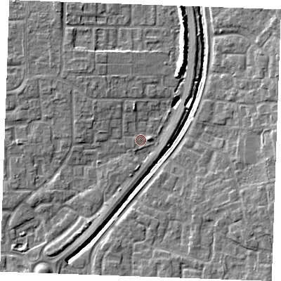 Shaded relief map of the ground around SS129DP, computed from Environment Agency LiDAR. The ground here sits at about 8 m above sea level and falls 8 m across the surrounding 800 m. Surface water reaching this point runs off ground lying to the east, 1.0 m higher.