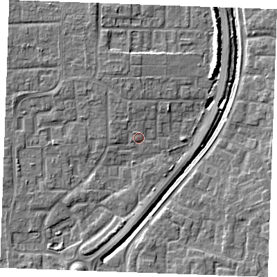 Shaded relief map of the ground around SS129DR, computed from Environment Agency LiDAR. The ground here sits at about 9 m above sea level and falls 8 m across the surrounding 800 m. Surface water reaching this point runs off ground lying to the west-south-west, 0.7 m higher.