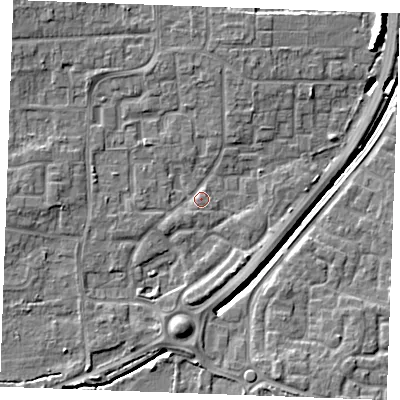 Shaded relief map of the ground around SS129DU, computed from Environment Agency LiDAR. The ground here sits at about 9 m above sea level and falls 7 m across the surrounding 800 m. Surface water reaching this point runs off ground lying to the north-west, 3.2 m higher.