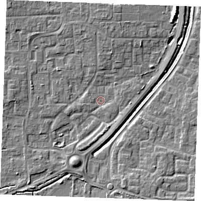 Shaded relief map of the ground around SS129DZ, computed from Environment Agency LiDAR. The ground here sits at about 8 m above sea level and falls 7 m across the surrounding 800 m. Surface water reaching this point runs off ground lying to the south-south-west, 3.4 m higher.