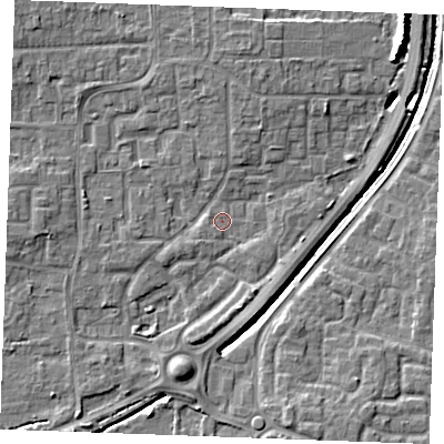 Shaded relief map of the ground around SS129EA, computed from Environment Agency LiDAR. The ground here sits at about 9 m above sea level and falls 7 m across the surrounding 800 m. Surface water reaching this point runs off ground lying to the south-south-west, 3.4 m higher.