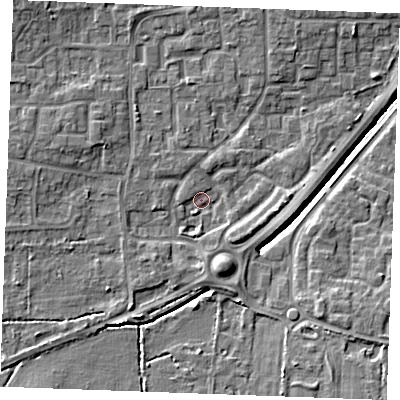 Shaded relief map of the ground around SS129EB, computed from Environment Agency LiDAR. The ground here sits at about 9 m above sea level and falls 6 m across the surrounding 800 m. Surface water reaching this point runs off ground lying to the west-north-west, 2.6 m higher.