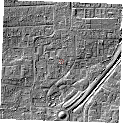 Shaded relief map of the ground around SS129EG, computed from Environment Agency LiDAR. The ground here sits at about 9 m above sea level and falls 8 m across the surrounding 800 m. Surface water reaching this point runs off ground lying to the north-west, 3.8 m higher.