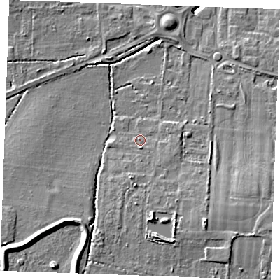 Shaded relief map of the ground around SS129EJ, computed from Environment Agency LiDAR. The ground here sits at about 10 m above sea level and falls 8 m across the surrounding 800 m. Surface water reaching this point runs off ground lying to the south-east, 1.5 m higher.