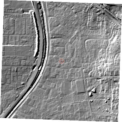 Shaded relief map of the ground around SS129FA, computed from Environment Agency LiDAR. The ground here sits at about 9 m above sea level and falls 22 m across the surrounding 800 m. Surface water reaching this point runs off ground lying to the east, 2.8 m higher.