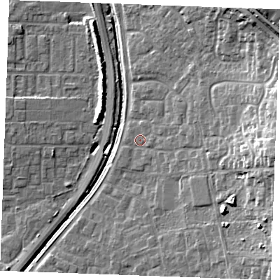 Shaded relief map of the ground around SS129FD, computed from Environment Agency LiDAR. The ground here sits at about 8 m above sea level and falls 20 m across the surrounding 800 m. Surface water reaching this point runs off ground lying to the east, 15.0 m higher.