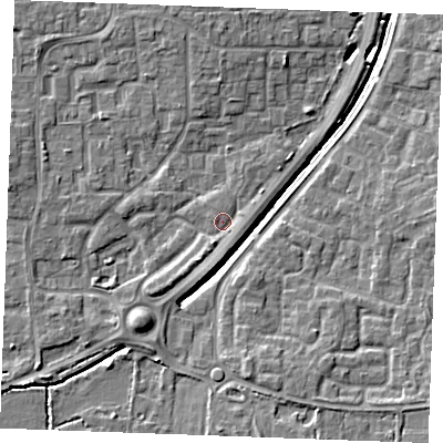 Shaded relief map of the ground around SS129FL, computed from Environment Agency LiDAR. The ground here sits at about 9 m above sea level and falls 7 m across the surrounding 800 m. Surface water reaching this point runs off ground lying to the south-south-west, 2.0 m higher.