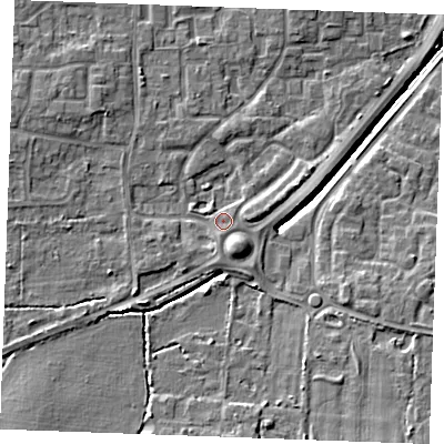 Shaded relief map of the ground around SS129FQ, computed from Environment Agency LiDAR. The ground here sits at about 9 m above sea level and falls 6 m across the surrounding 800 m. Surface water reaching this point runs off ground lying to the south-south-east, 1.1 m higher.