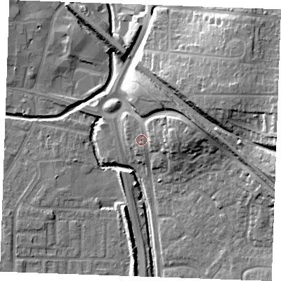 Shaded relief map of the ground around SS129FU, computed from Environment Agency LiDAR. The ground here sits at about 12 m above sea level and falls 22 m across the surrounding 800 m. Surface water reaching this point runs off ground lying to the east-north-east, 7.0 m higher.