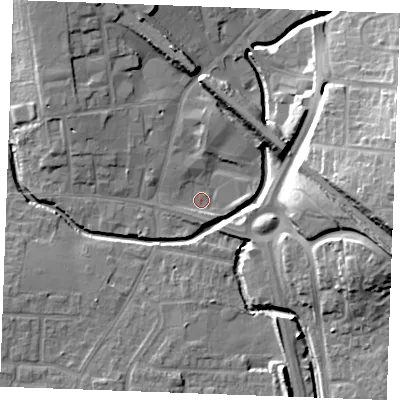 Shaded relief map of the ground around SS129FW, computed from Environment Agency LiDAR. The ground here sits at about 7 m above sea level and falls 20 m across the surrounding 800 m. Surface water reaching this point runs off ground lying to the north-west, 2.3 m higher.