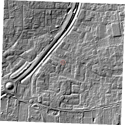 Shaded relief map of the ground around SS129HD, computed from Environment Agency LiDAR. The ground here sits at about 9 m above sea level and falls 9 m across the surrounding 800 m. Surface water reaching this point runs off ground lying to the south-east, 5.4 m higher.