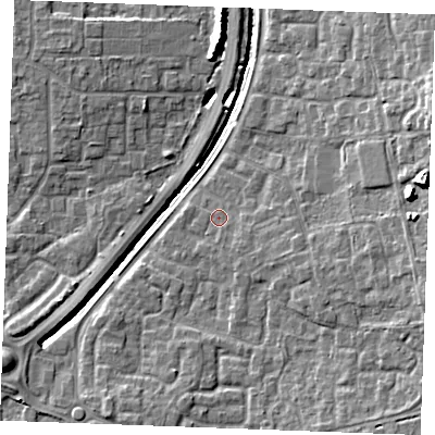 Shaded relief map of the ground around SS129HJ, computed from Environment Agency LiDAR. The ground here sits at about 9 m above sea level and falls 12 m across the surrounding 800 m. Surface water reaching this point runs off ground lying to the east-south-east, 2.0 m higher.