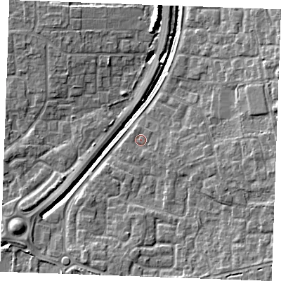 Shaded relief map of the ground around SS129HL, computed from Environment Agency LiDAR. The ground here sits at about 9 m above sea level and falls 9 m across the surrounding 800 m. Surface water reaching this point runs off ground lying to the east-south-east, 1.4 m higher.