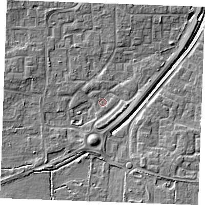 Shaded relief map of the ground around SS129HX, computed from Environment Agency LiDAR. The ground here sits at about 9 m above sea level and falls 7 m across the surrounding 800 m. Surface water reaching this point runs off ground lying to the south-south-west, 3.4 m higher.
