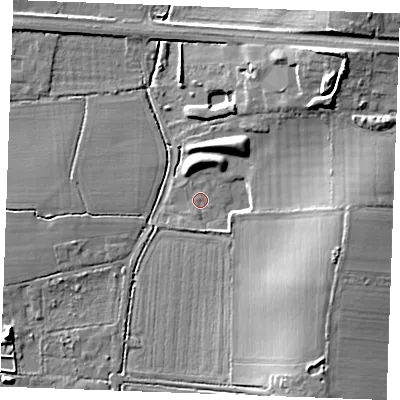 Shaded relief map of the ground around SS129JP, computed from Environment Agency LiDAR. The ground here sits at about 14 m above sea level and falls 14 m across the surrounding 800 m. Surface water reaching this point runs off ground lying to the north-east, 11.5 m higher.