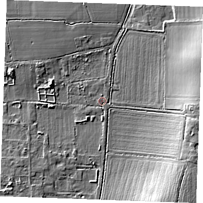 Shaded relief map of the ground around SS129JS, computed from Environment Agency LiDAR. The ground here sits at about 14 m above sea level and falls 14 m across the surrounding 800 m. Surface water reaching this point runs off ground lying to the south, 1.1 m higher.