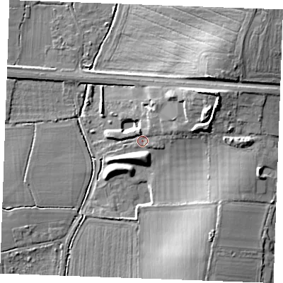 Shaded relief map of the ground around SS129JW, computed from Environment Agency LiDAR. The ground here sits at about 15 m above sea level and falls 15 m across the surrounding 800 m. Surface water reaching this point runs off ground lying to the east-north-east, 3.9 m higher.