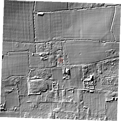 Shaded relief map of the ground around SS129JX, computed from Environment Agency LiDAR. The ground here sits at about 14 m above sea level and falls 8 m across the surrounding 800 m. Surface water reaching this point runs off ground lying to the west-north-west, 2.6 m higher.