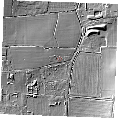 Shaded relief map of the ground around SS129JY, computed from Environment Agency LiDAR. The ground here sits at about 14 m above sea level and falls 11 m across the surrounding 800 m. Surface water reaching this point runs off ground lying to the west-north-west, 0.8 m higher.