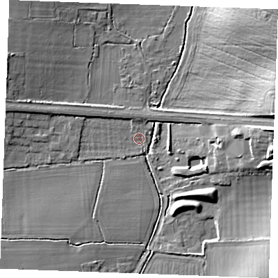 Shaded relief map of the ground around SS129JZ, computed from Environment Agency LiDAR. The ground here sits at about 12 m above sea level and falls 14 m across the surrounding 800 m. Surface water reaching this point runs off ground lying to the south-west, 3.0 m higher.