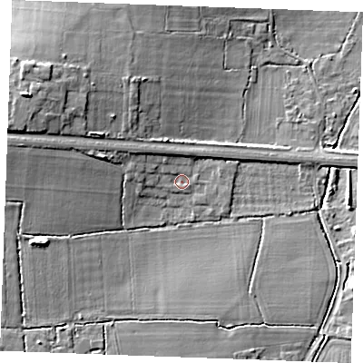 Shaded relief map of the ground around SS129LA, computed from Environment Agency LiDAR. The ground here sits at about 13 m above sea level and falls 11 m across the surrounding 800 m. Surface water reaching this point runs off ground lying to the west-north-west, 4.8 m higher.